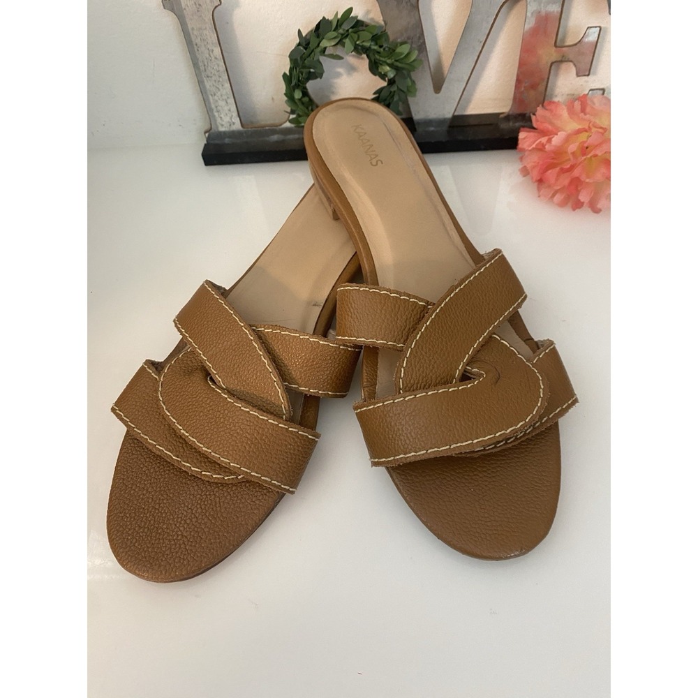 Kaanas Santorini Infinity Loop Nude Tan Leather Strappy Flat Sandals Women's 8